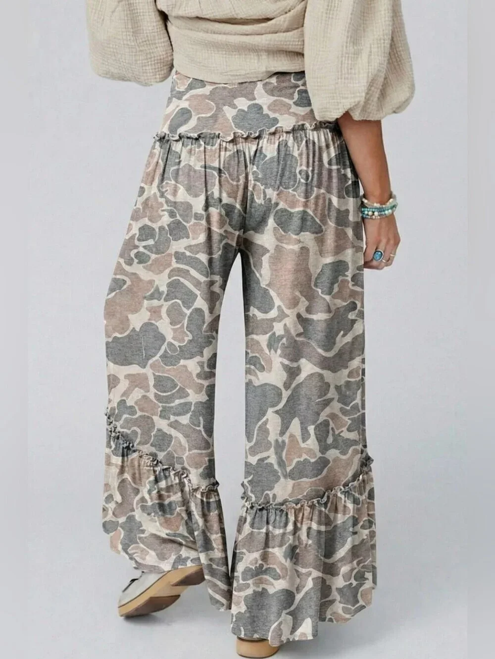 Wide Leg Ruffle Hem Pants in Beige & Gray Camo Multiple Sizes - Picture 2 of 3